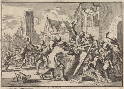 Oproer te Dordrecht waarbij een afbeelding van Cornelis de Witt door het volk wordt vernield, 1672 door Jan Luyken