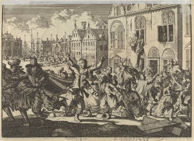 Oproer te Enkhuizen waarbij de huizen van vice-admiraals Kwast en Turk worden vernield, 1635 door Jan Luyken