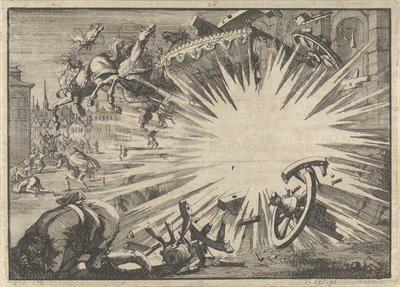 Rijtuig en de paarden van koning Lodewijk XIII door ontploffing van een helse machine vernield, ca. 1625 door Jan Luyken