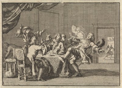 Thomas Tullock, aanhanger van koning Jacobus II in Schotland, wordt gedood door het onverwacht afgaan van zijn pistool, 1690 door Jan Luyken