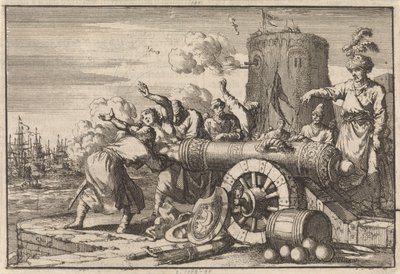 Tijdens het Franse bombardement op Algiers wordt de Franse consul door de Algerijnen in een kanon geladen en gedood, 1683 door Jan Luyken