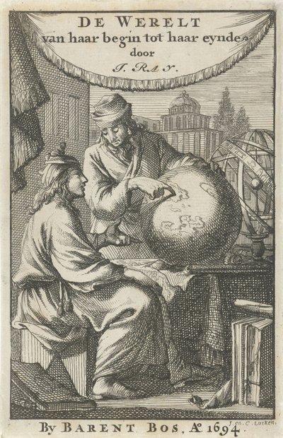 Twee mannen bestuderen een globe door Jan Luyken