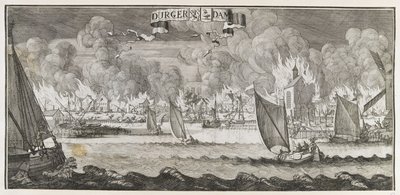 Uitzicht op het dorp Durgerdam, nabij Amsterdam, tijdens de brand van 1687 (gravure) door Jan Luyken