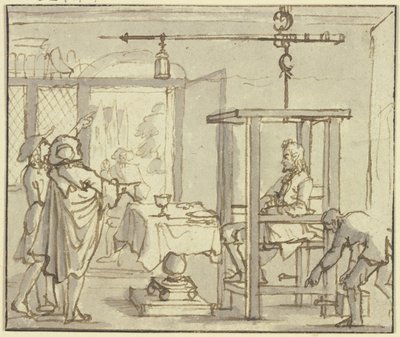 Twee artsen laten een man na het eten op een weegschaal wegen door Jan Luyken