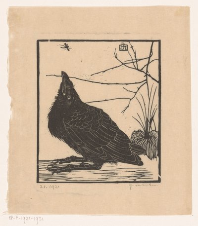 Kraai, omhoogkijkend naar mugje door Jan Mankes (signed by artist)
