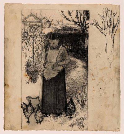 Annie Mankes-Zernike voedt kippen, rechts: studies van een boom en kippen door Jan Mankes