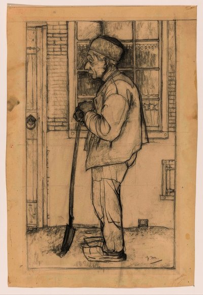 Douwe in profiel, met een spade voor een huis staand door Jan Mankes