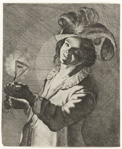 Lachende jongen met een glas in de hand door Jan Matham (possibly)