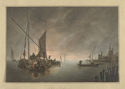Schepen voor een omwalde stad bij ondergaande zon door Jan Matthias Cok
