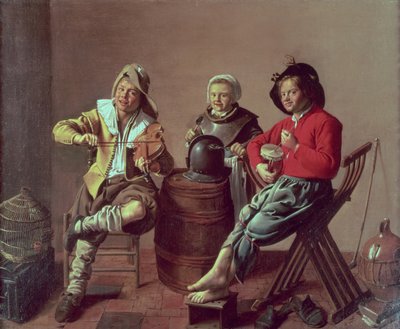 Twee jongens en een meisje maken muziek door Jan Miense (attr. to) Molenaer