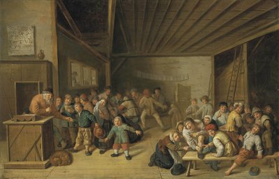 Een interieur van een schoollokaal, met een leraar op een podium en vrolijke leerlingen door Jan Miense Molenaer