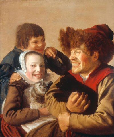 Een man die zijn tanden ontbloot met hond en een meisje met kat door Jan Miense Molenaer