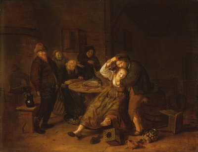 Taveerne-interieur met een boer die feestviert met een meisje door Jan Miense Molenaer