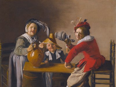 Drie kinderen drinken en halen kattenkwaad uit door Jan Miense Molenaer
