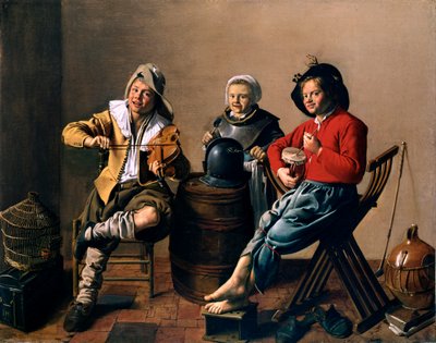 Twee jongens en een meisje maken muziek door Jan Molenaer door Jan Miense Molenaer