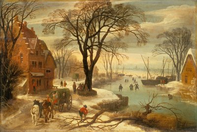 Een winterlandschap met stadsbewoners op het ijs door Jan and Momper Joos de Brueghel