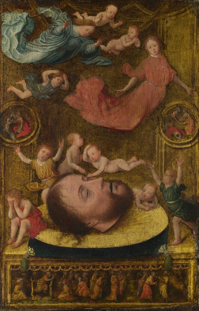 Het Hoofd van Johannes de Doper, met Rouwende Engelen en Putti, begin 16e eeuw door Jan Mostaert