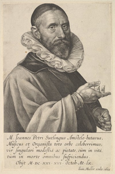 Portret van Jan Pietersz Sweelinck, organist en muzikant in Amsterdam door Jan Muller