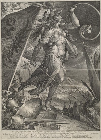 Bellona leidt de keizerlijke legers tegen de Turken door Jan Muller after Bartholomaeus Spranger