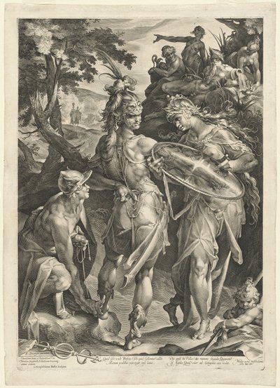 Minerva en Mercurius Bewapenen Perseus door Jan Muller, after Bartholomaeus Spranger