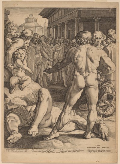 Het gevecht tussen Odysseus en Irus door Jan Muller, after Cornelis Cornelisz van Haarlem