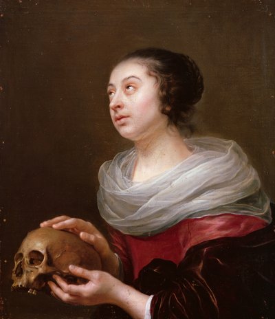 Een jonge vrouw die een schedel vasthoudt, 1640s door Jan Olis