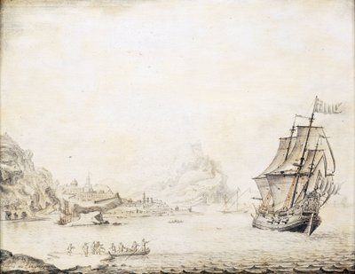 Een Brits schip voor de kust van Satalia, Turkije, in 1677, omringd door een rotsachtige kustlijn, met oude stadsmuren en minaretten door Jan Peeters