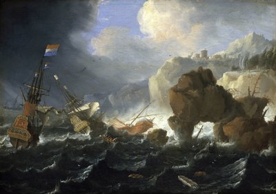 Een Nederlands schip en een galei gestrand op een rotsachtige kust in de storm. Olie op hout, door Jan Peeters (1624-1677). door Jan Peeters