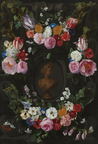 Cartouche versierd met guirlandes en bloemen door Jan Philip van Thielen