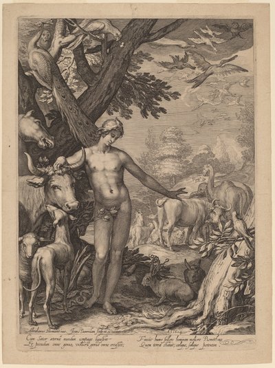 Adam die de dieren benoemt door Jan Pietersz Saenredam after Abraham Bloemaert