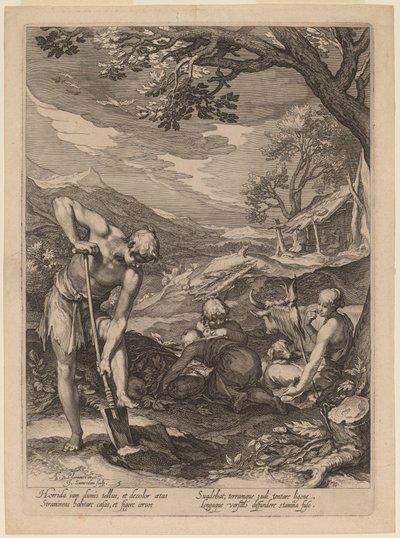 Adam en Eva aan het werk door Jan Pietersz Saenredam after Abraham Bloemaert