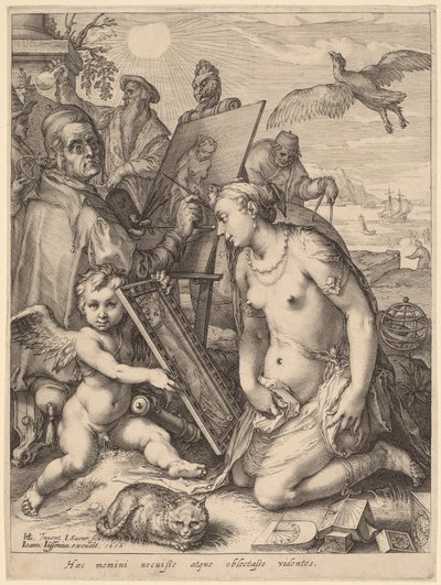 Kunstenaar schildert een naakte vrouw: Allegorie van visuele waarneming door Jan Pietersz Saenredam, after Hendrik Goltzius