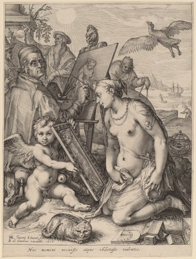 Kunstenaar schildert een naakte vrouw: Allegorie van visuele waarneming door Jan Pietersz Saenredam after Hendrik Goltzius