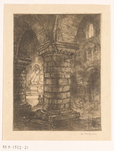 Liggende monnik in een kerk door Jan Poortenaar (signed by artist)