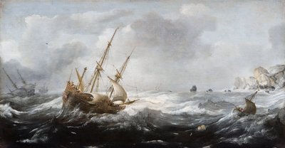 Schepen in een storm aan een rotsachtige kust door Jan Porcellis