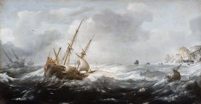 Schepen in een storm op een rotsachtige kust, 1614-1618 door Jan Porcellis