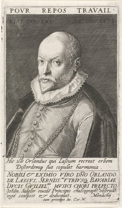 Portret van de componist Orlando di Lasso 1532-1594, 1593 door Jan Sadeler