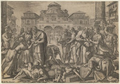De apostelen verdelen het geld aan de behoeftigen, ca. 1600 door Jan Sadeler