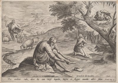 God Verschijnt aan Mozes door Jan Sadeler I, after Maarten van Cleef