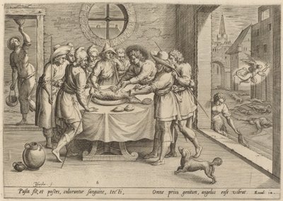 Voorbereiding voor het Pascha door Jan Sadeler I, after Maarten van Cleef