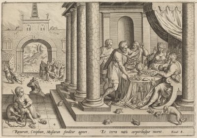 De plaag van kikkers door Jan Sadeler I, after Maarten van Cleef