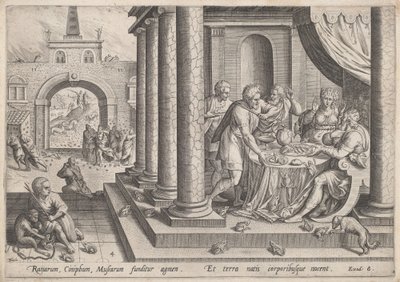 De plaag van kikkers door Jan Sadeler I, after Maarten van Cleef