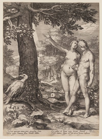 Adam en Eva voor de Boom der Kennis, uit Geschiedenis van de Eerste Ouders van de Mens door Jan Saenredam
