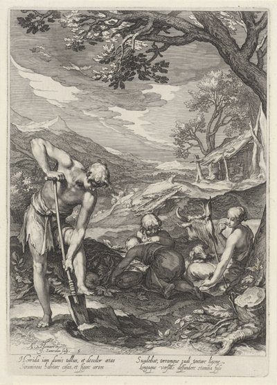 Adam en Eva aan het werk buiten het Aards Paradijs door Jan Saenredam