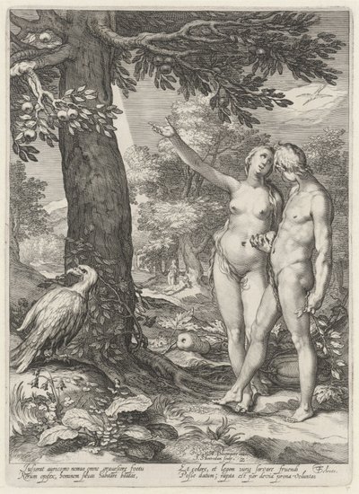 Adam en Eva voor de Boom der Kennis van goed en kwaad door Jan Saenredam