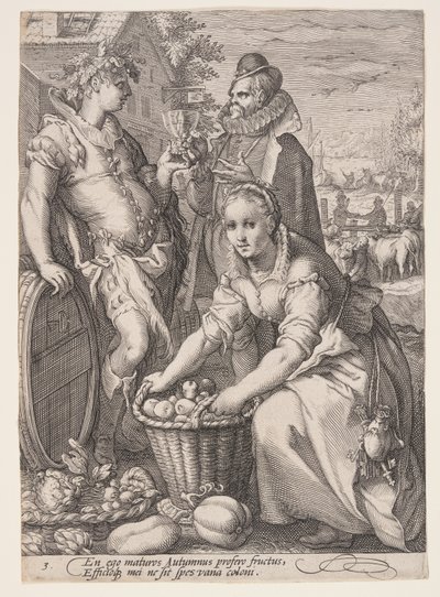 Herfst (Oogsten en wijnproeven), uit De vier seizoenen door Jan Saenredam