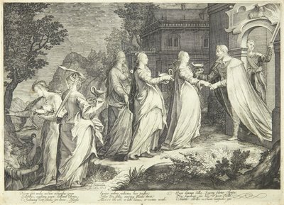 De wijze maagden worden ontvangen door de Heer door Jan Saenredam