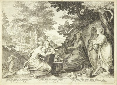 De verstandige maagden verzameld in een landschap, op de achtergrond Johannes de Doper die predikt door Jan Saenredam