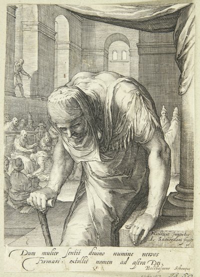 De kreupele oude dame, genezen door Jezus door Jan Saenredam