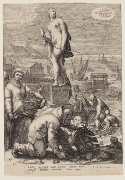 Diana die de leiding heeft over navigatie en vissen, uit Zeven Planeetgoden door Jan Saenredam